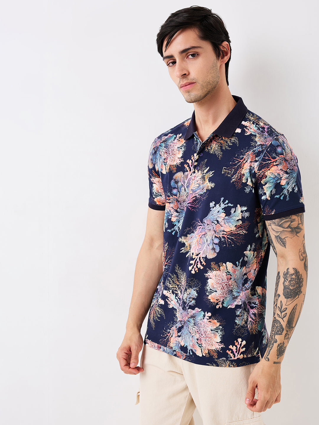 Men T-Shirt Print Blue Slim Fit