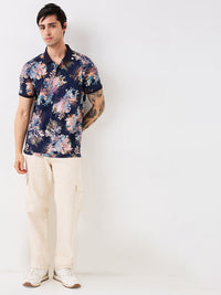 Men T-Shirt Print Blue Slim Fit