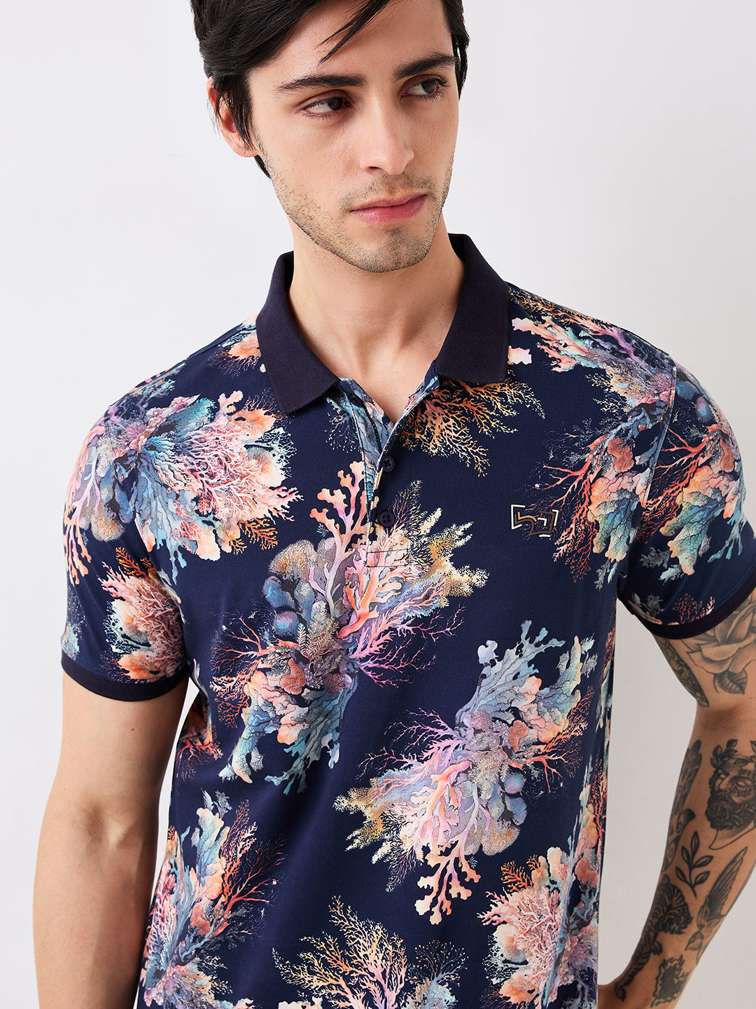 Men T-Shirt Print Blue Slim Fit