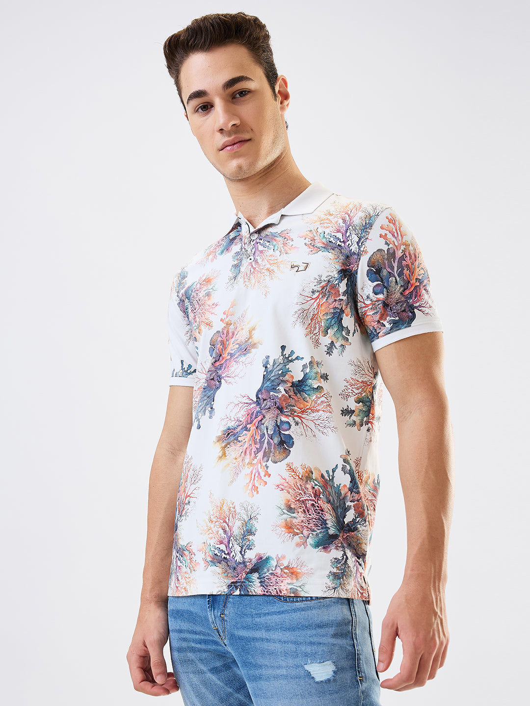Spykar White Slim Fit Printed Half Sleeve T-Shirt For Men