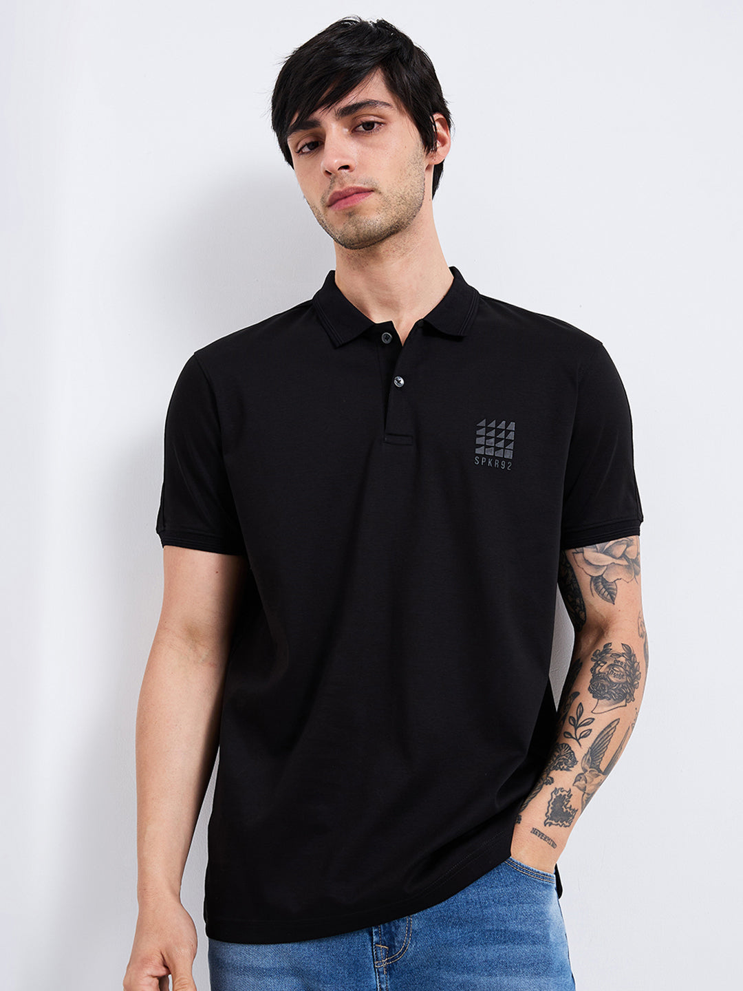 Spykar Black Slim Fit Solid Half Sleeve T-Shirt For Men