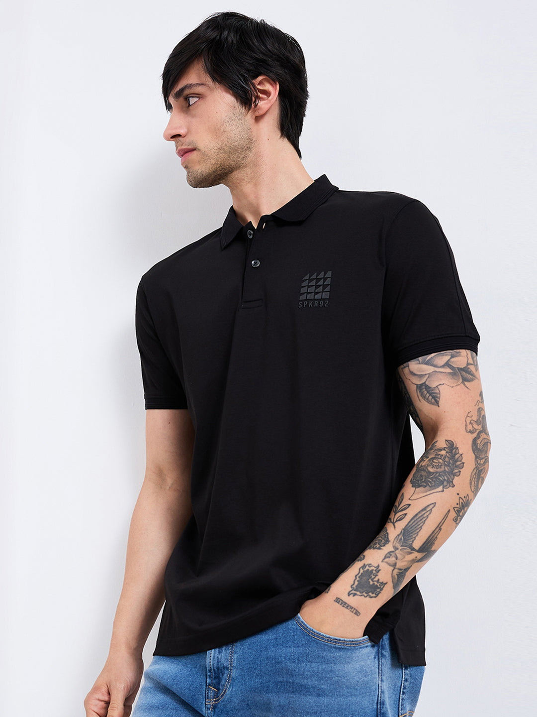 Spykar Black Slim Fit Solid Half Sleeve T-Shirt For Men