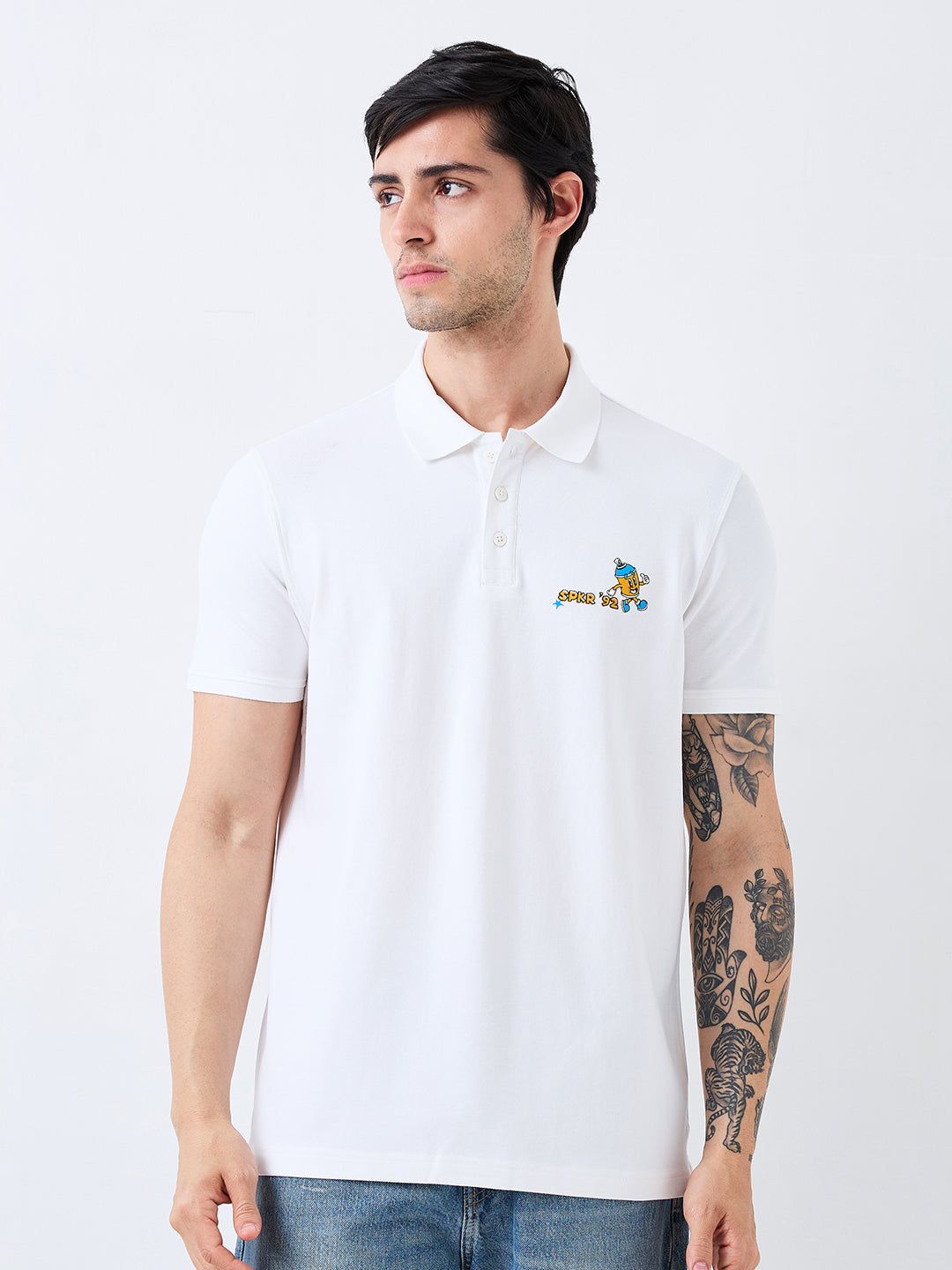 Spykar White Slim Fit Solid Half Sleeve T-Shirt For Men