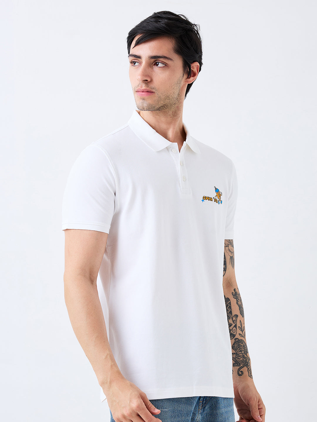 Spykar White Slim Fit Solid Half Sleeve T-Shirt For Men