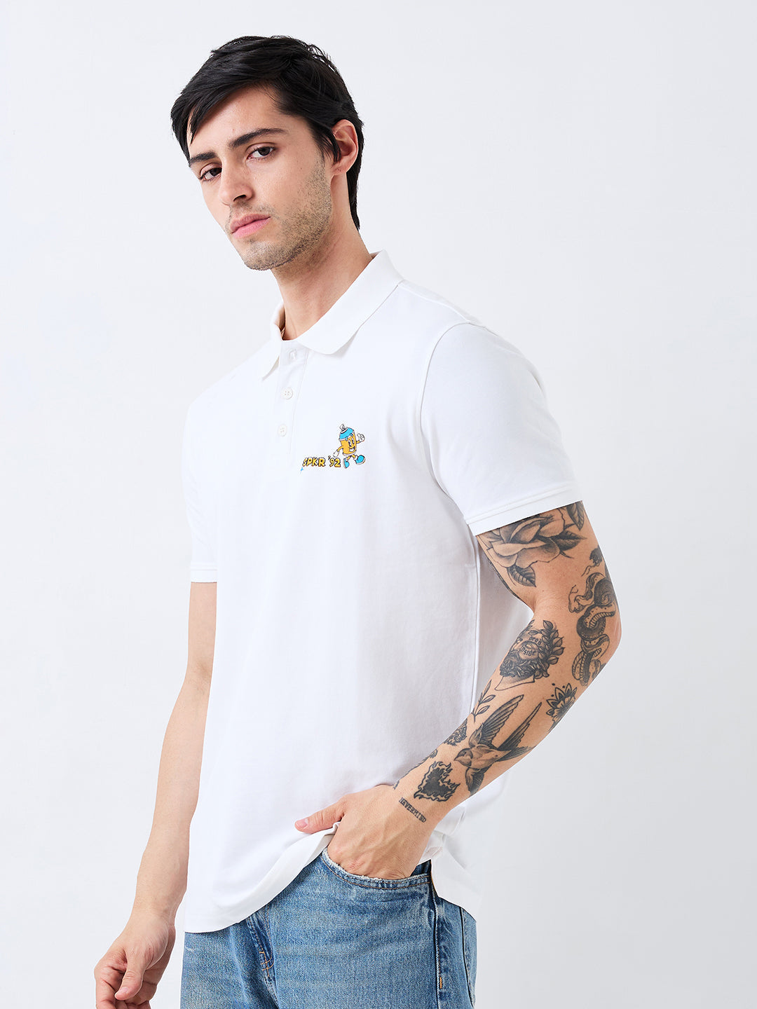 Spykar White Slim Fit Solid Half Sleeve T-Shirt For Men