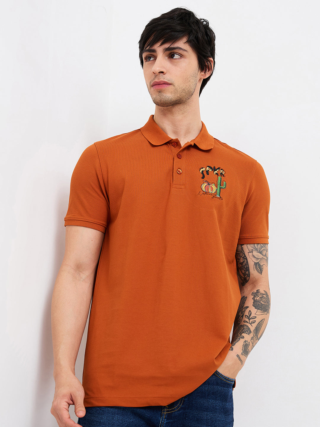 Spykar Brown Slim Fit Solid Half Sleeve T-Shirt For Men