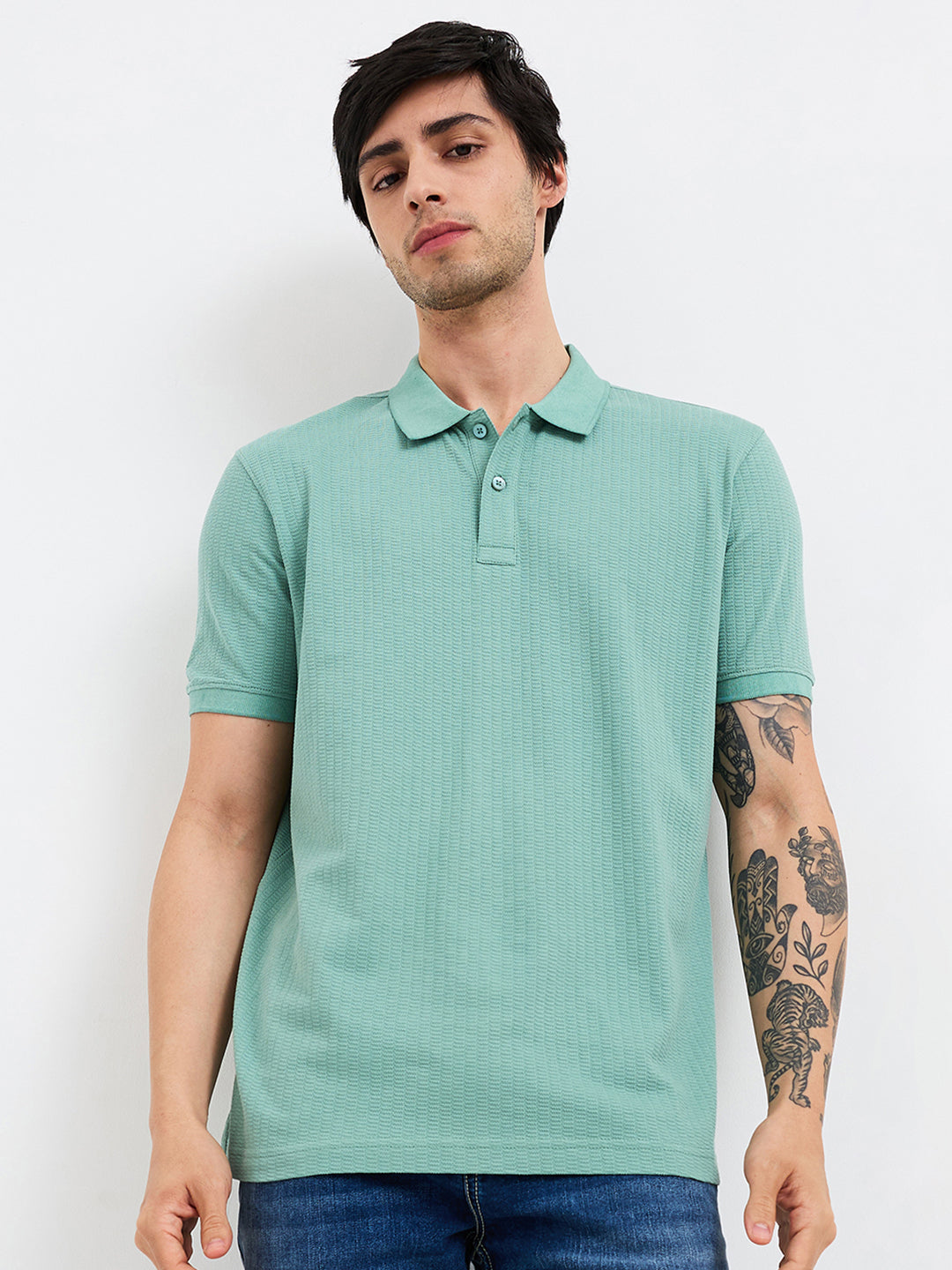 Spykar Green Slim Fit Solid Half Sleeve T-Shirt For Men