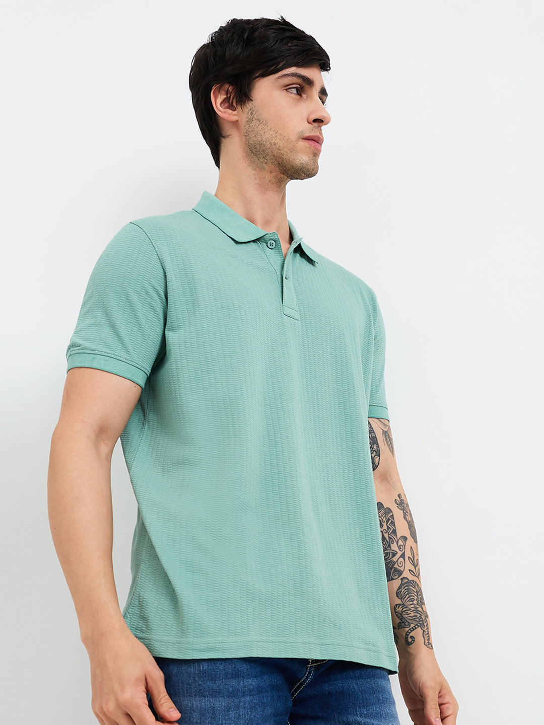 Spykar Green Slim Fit Solid Half Sleeve T-Shirt For Men