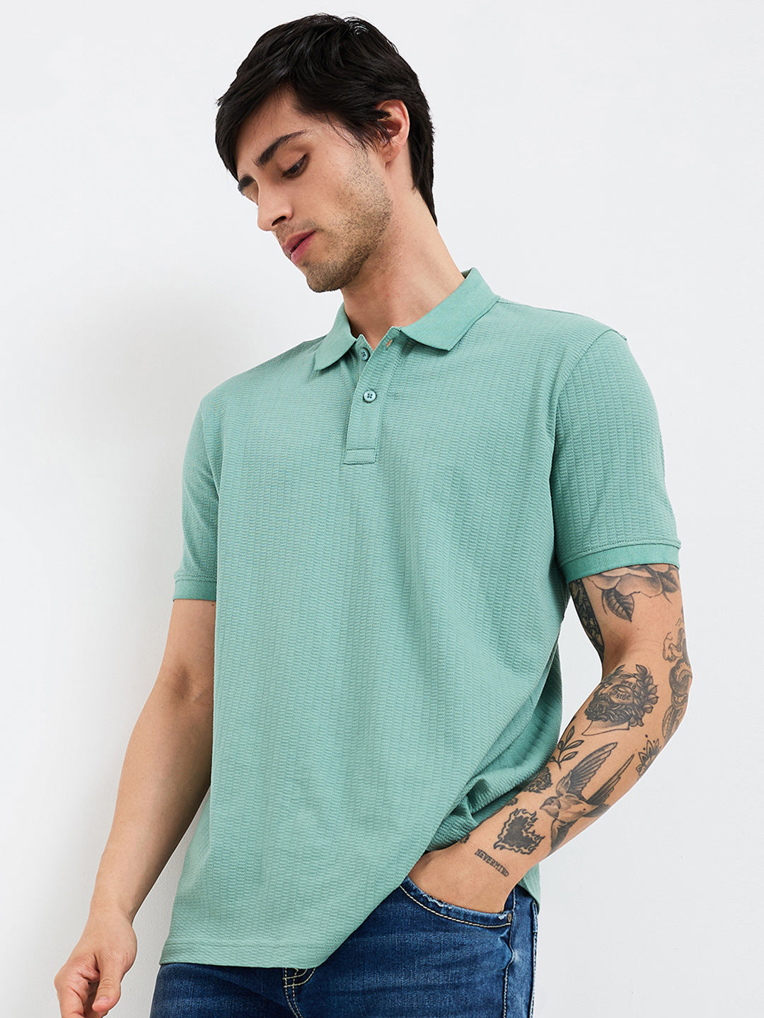 Spykar Green Slim Fit Solid Half Sleeve T-Shirt For Men