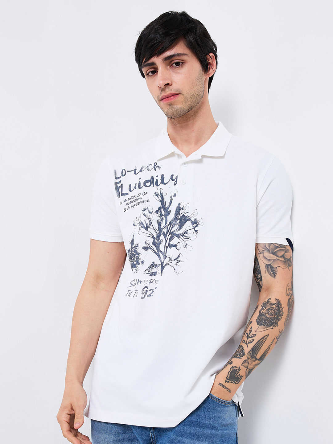 Spykar White Slim Fit Solid Half Sleeve T-Shirt For Men