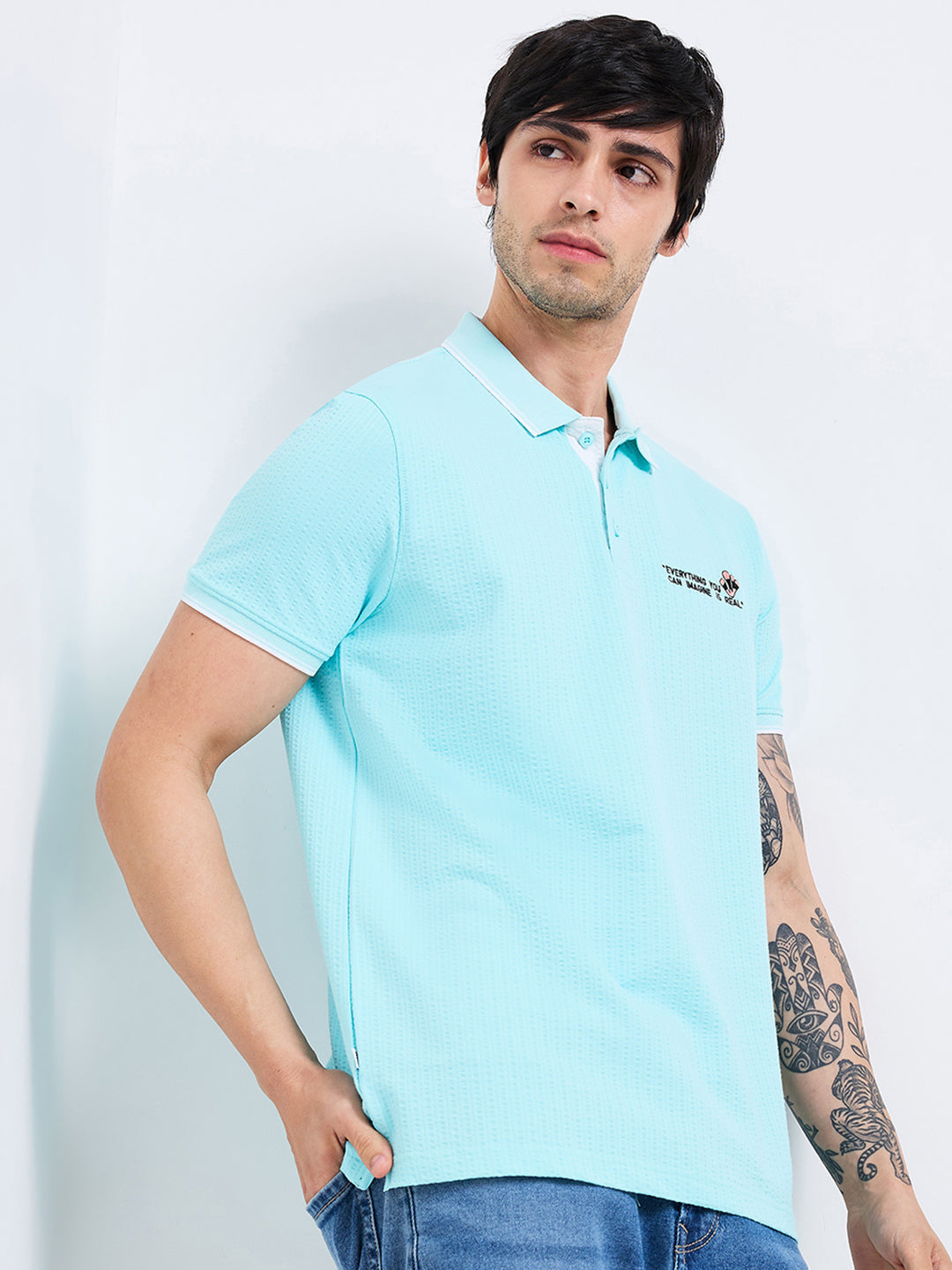 Spykar Blue Slim Fit Solid Half Sleeve T-Shirt For Men