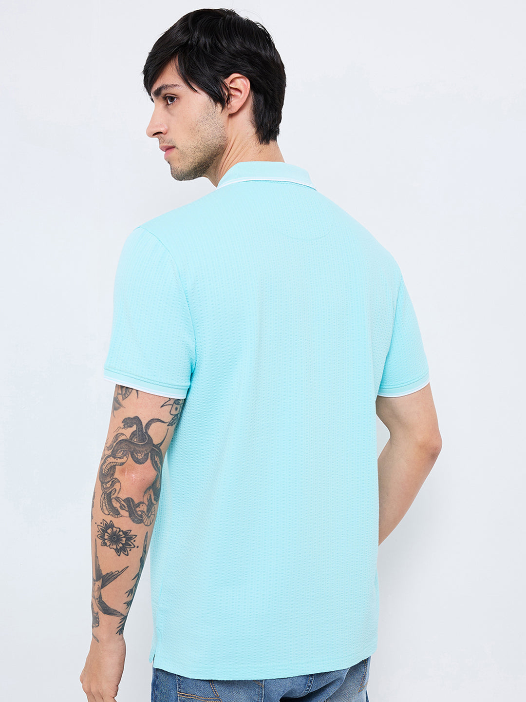 Spykar Blue Slim Fit Solid Half Sleeve T-Shirt For Men