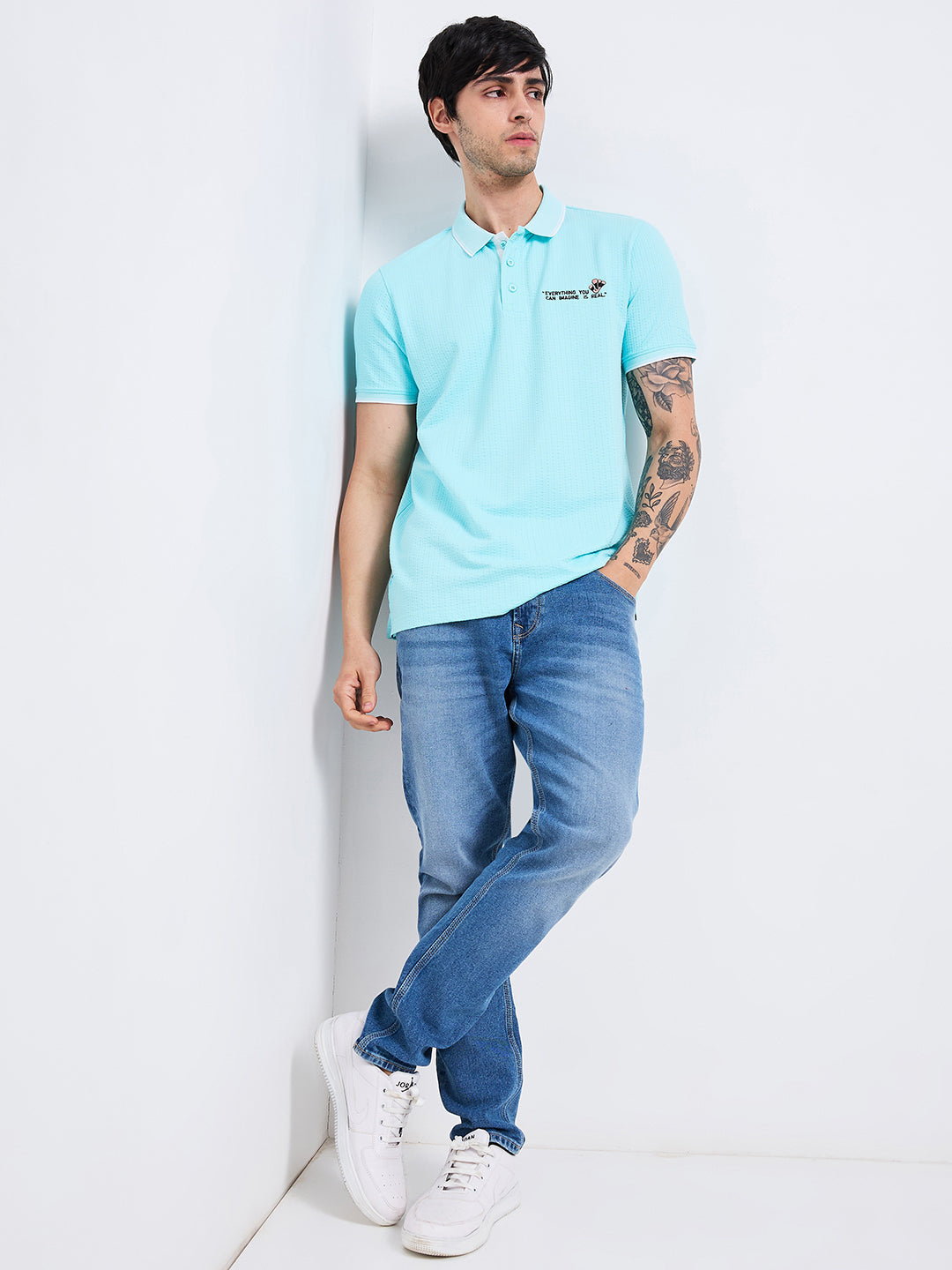 Spykar Blue Slim Fit Solid Half Sleeve T-Shirt For Men