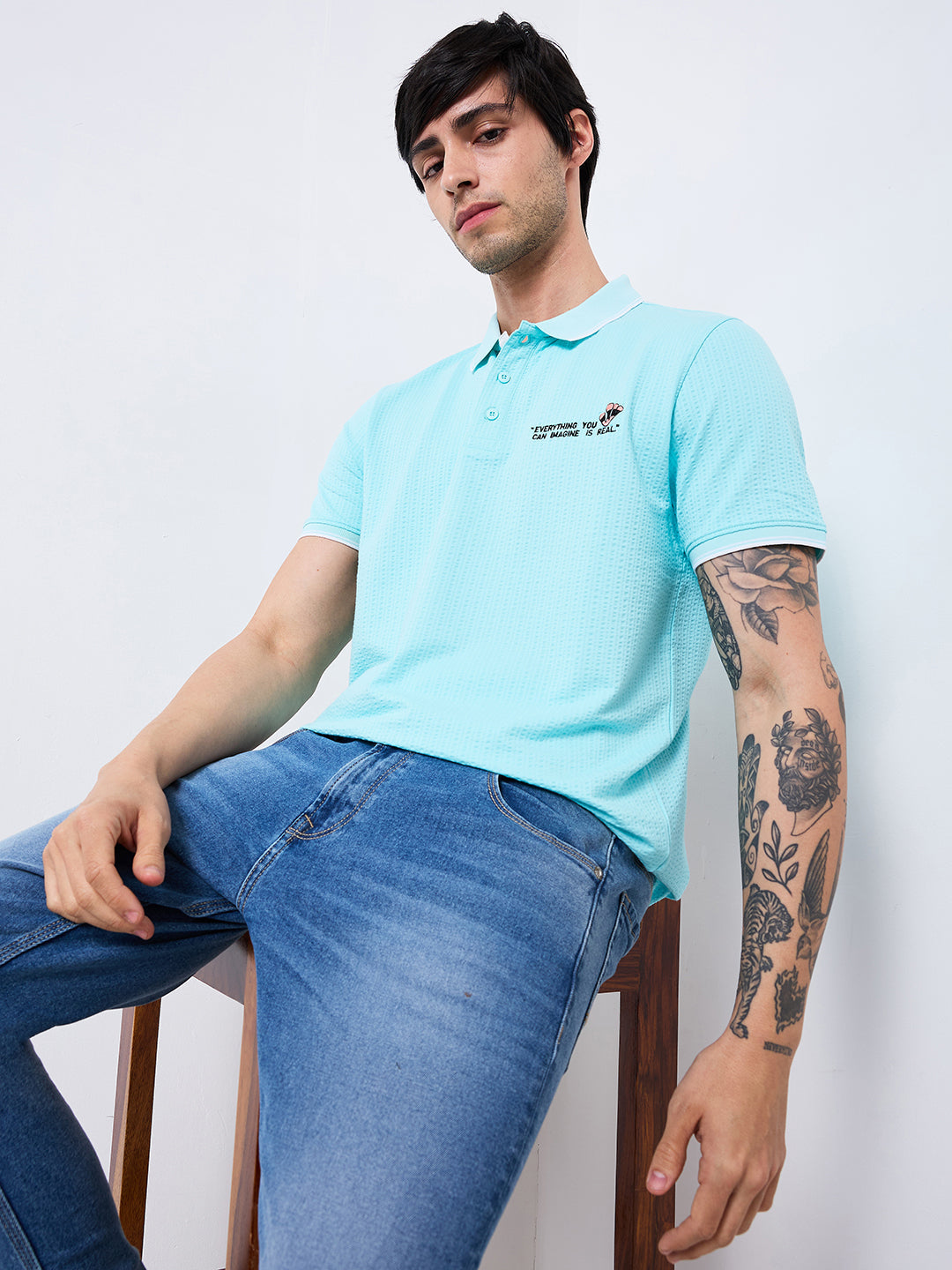 Spykar Blue Slim Fit Solid Half Sleeve T-Shirt For Men