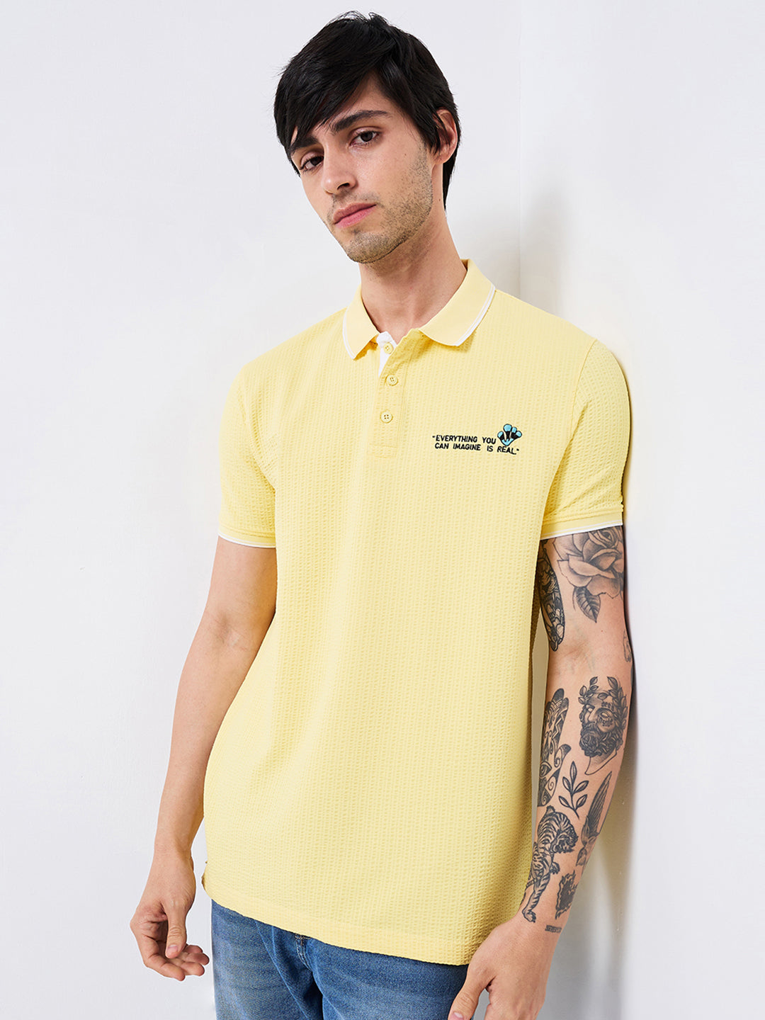 Spykar Yellow Slim Fit Solid Half Sleeve T-Shirt For Men