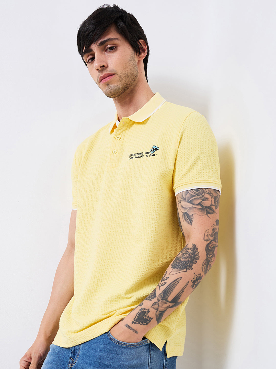 Men T-Shirt Yellow Solid Slim Fit