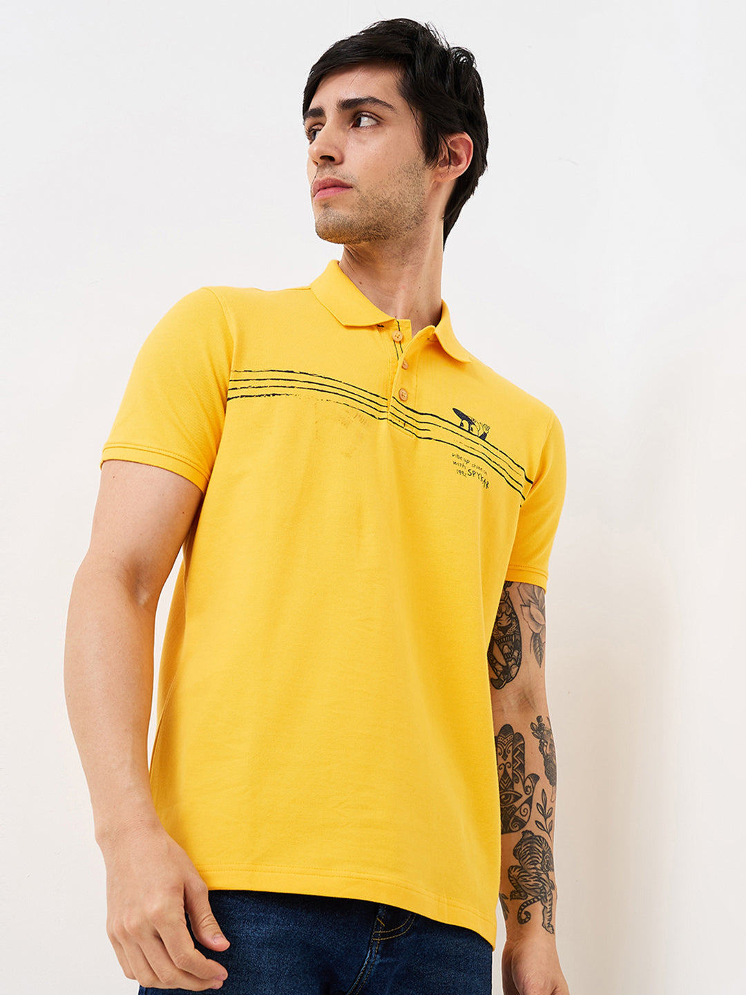 Spykar Yellow Slim Fit Solid Half Sleeve T-Shirt For Men