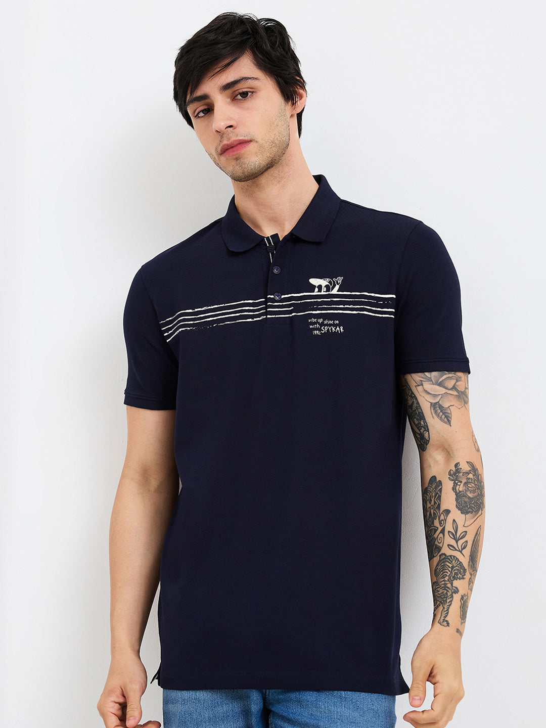 Spykar Blue Slim Fit Solid Half Sleeve T-Shirt For Men