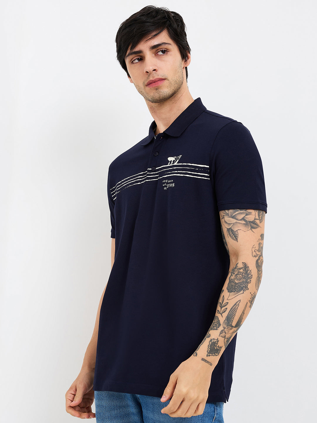 Spykar Blue Slim Fit Solid Half Sleeve T-Shirt For Men