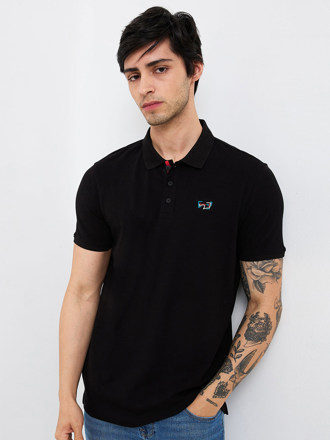 Spykar Black Slim Fit Solid Half Sleeve T-Shirt For Men