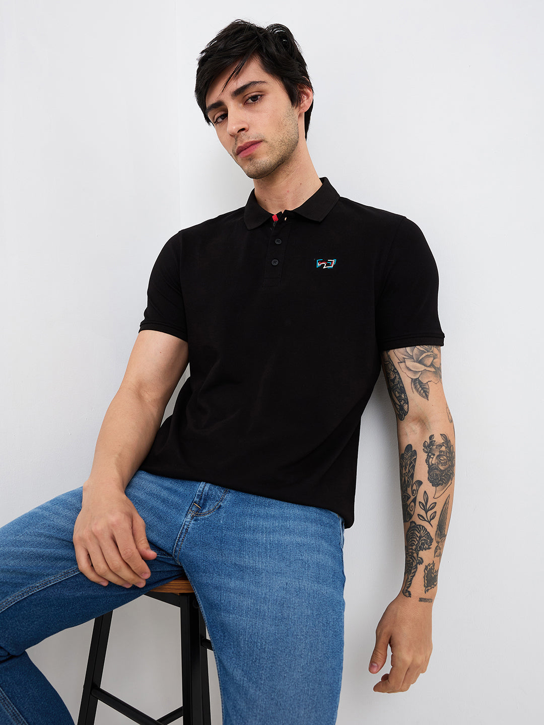 Spykar Black Slim Fit Solid Half Sleeve T-Shirt For Men