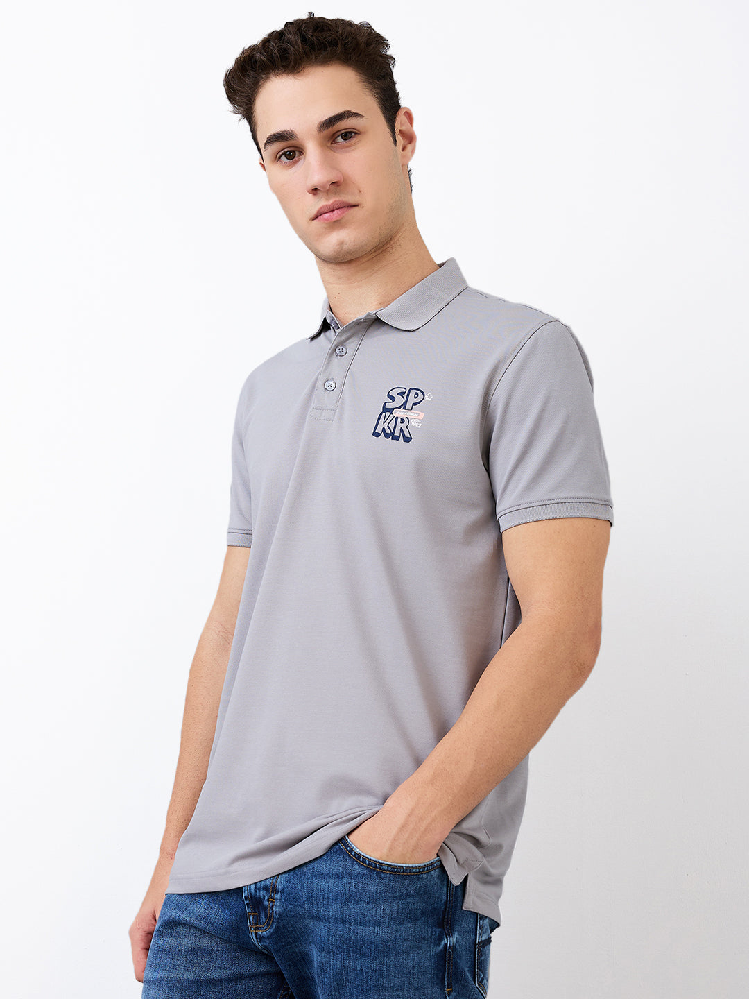 Spykar Grey Slim Fit Solid Half Sleeve T-Shirt For Men