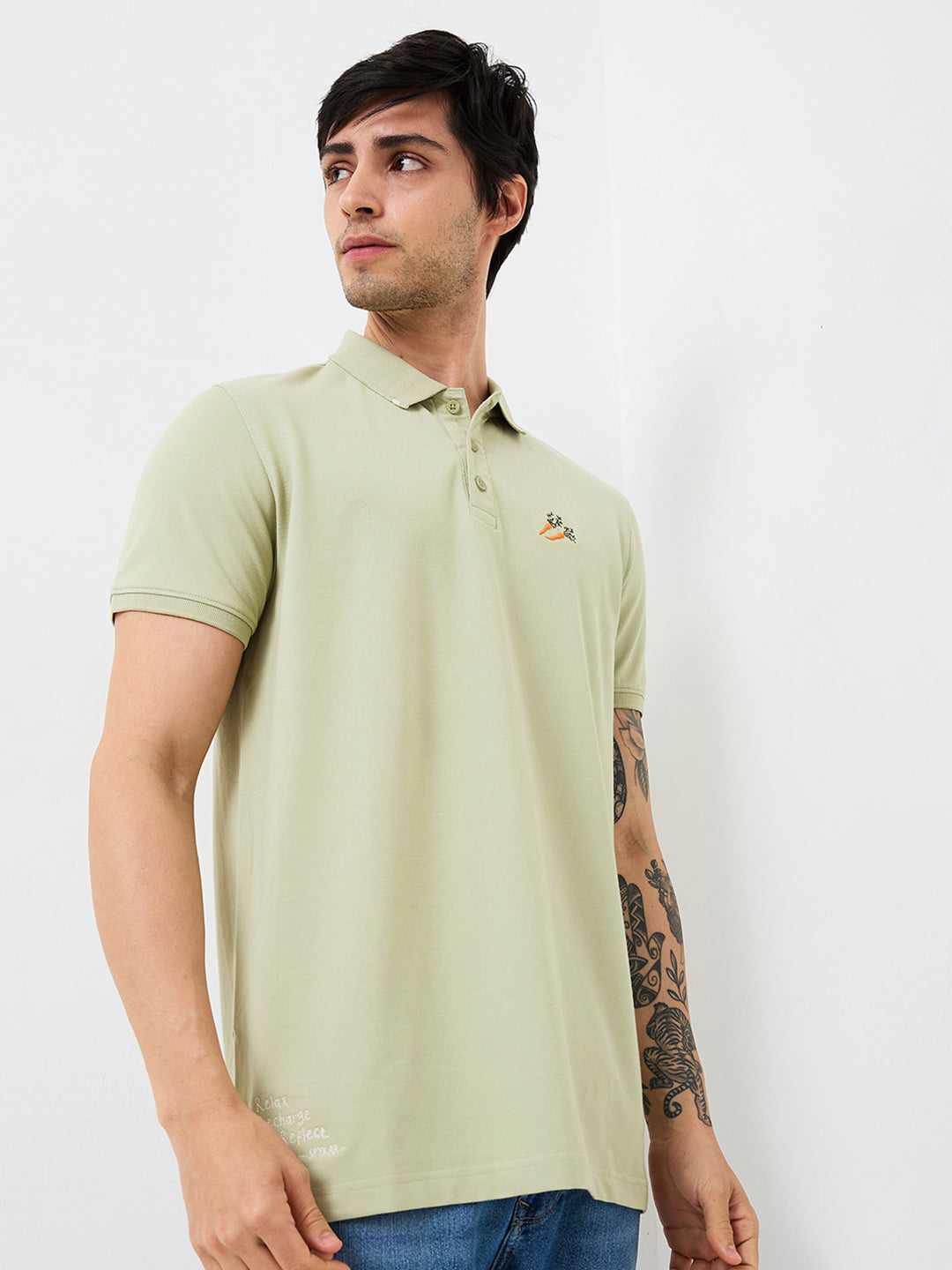 Spykar Green Slim Fit Solid Half Sleeve T-Shirt For Men