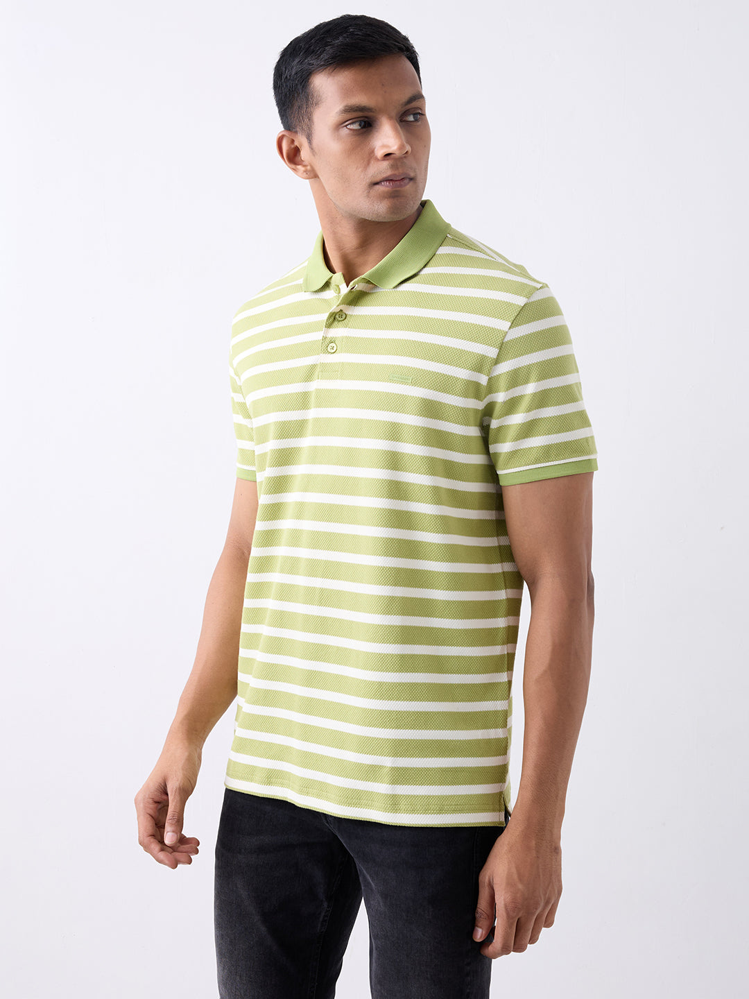 Men T-Shirt Green Stripe Slim Fit