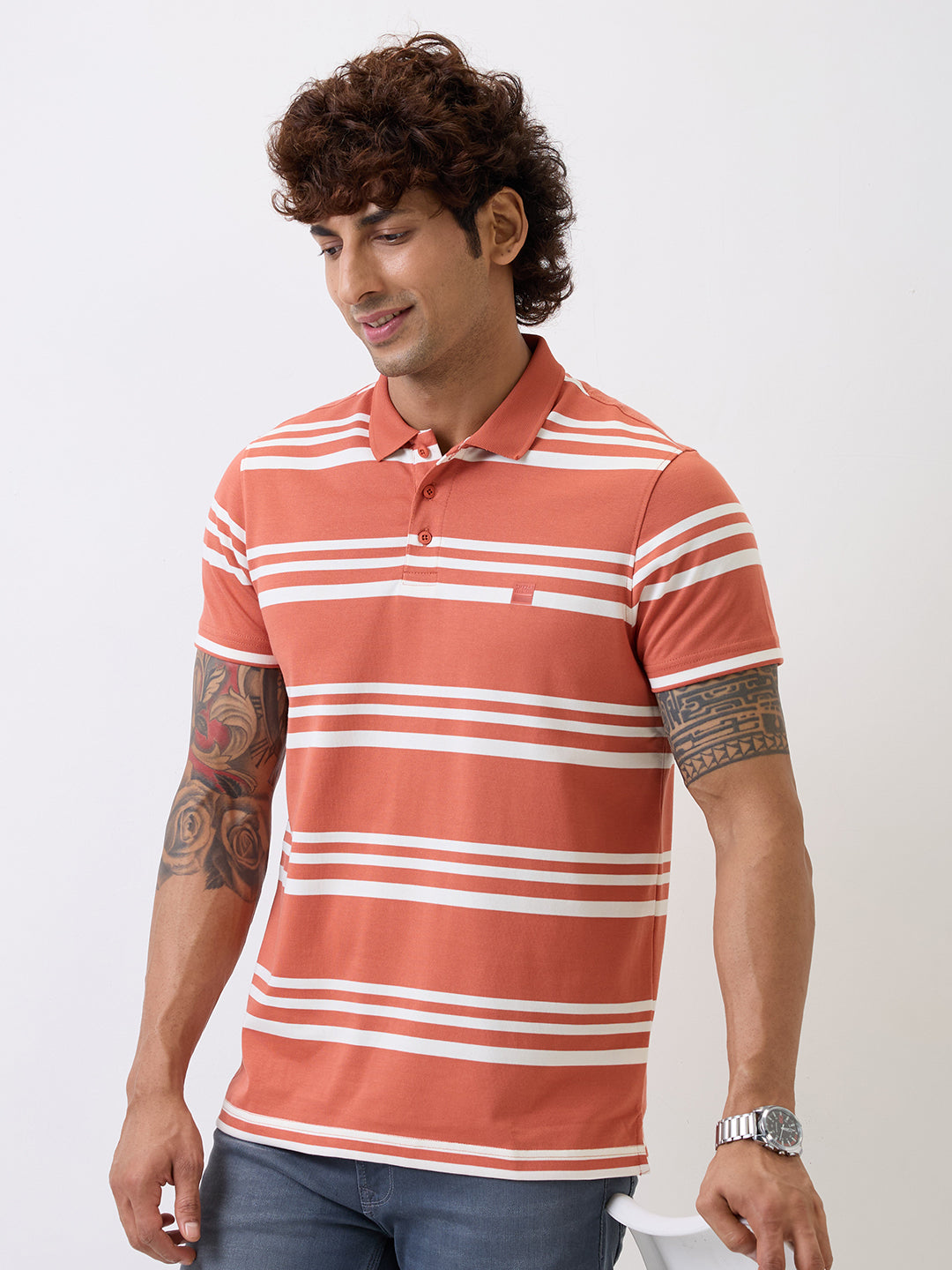 Spykar Orange Slim Fit Casual T-Shirt For Men