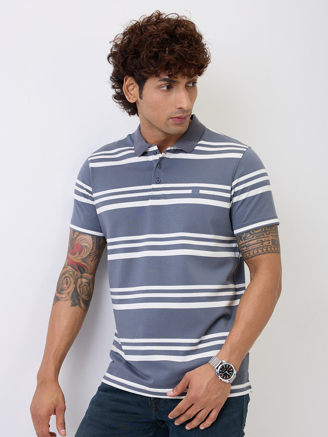 Spykar Gray Slim Fit Casual T-Shirt For Men