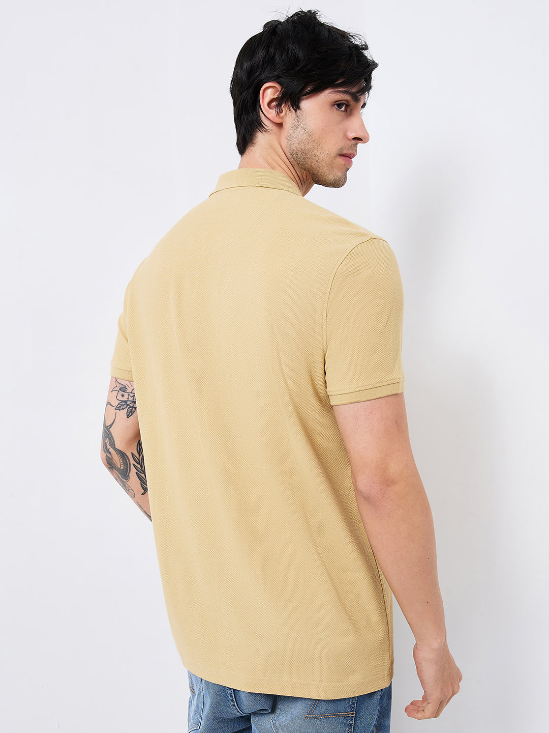 Spykar Beige Slim Fit Solid Half Sleeve T-Shirt For Men