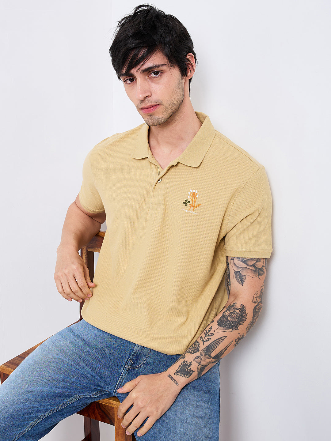 Spykar Beige Slim Fit Solid Half Sleeve T-Shirt For Men