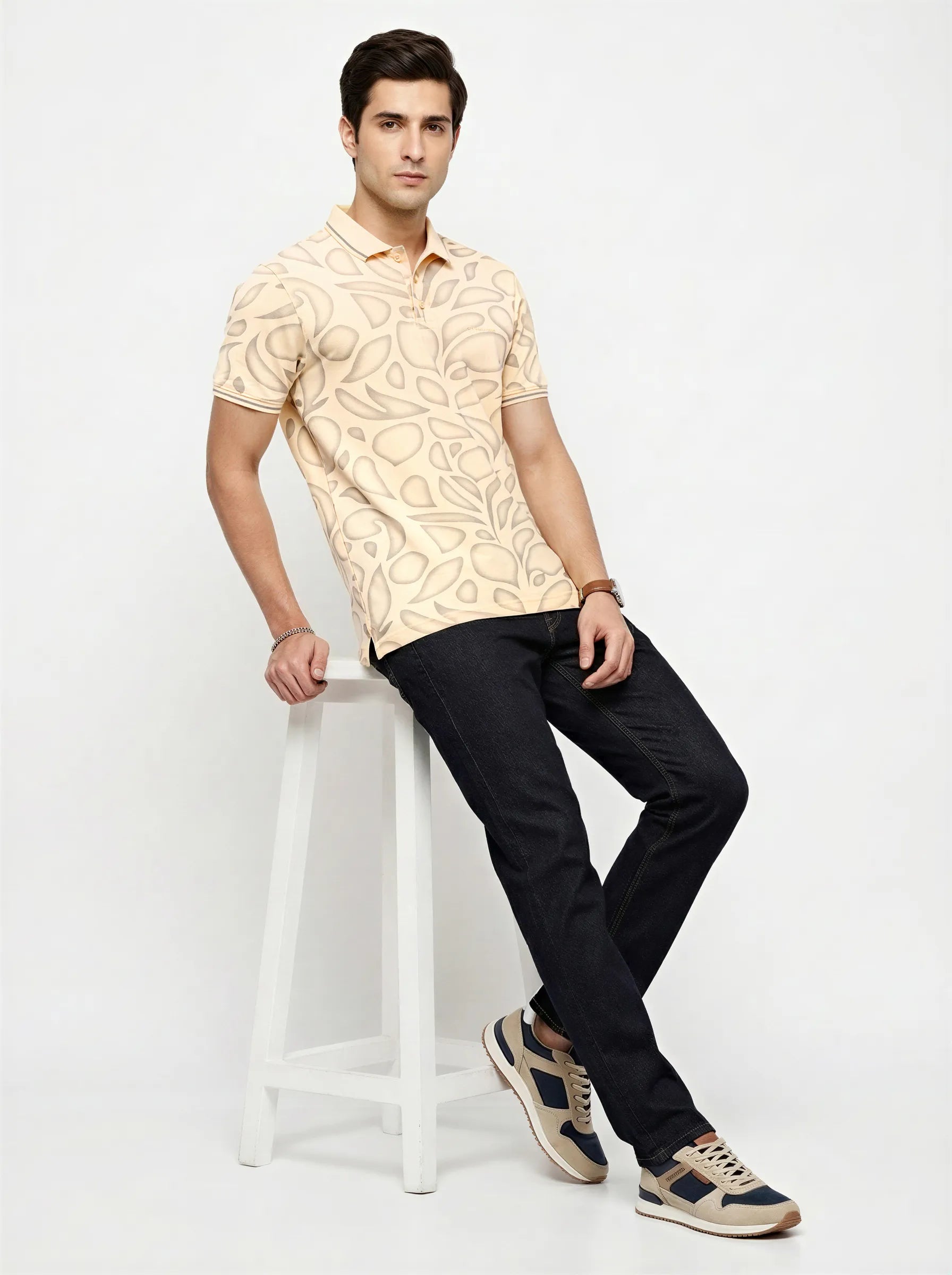 Men T-Shirt Print Yellow Regular Fit