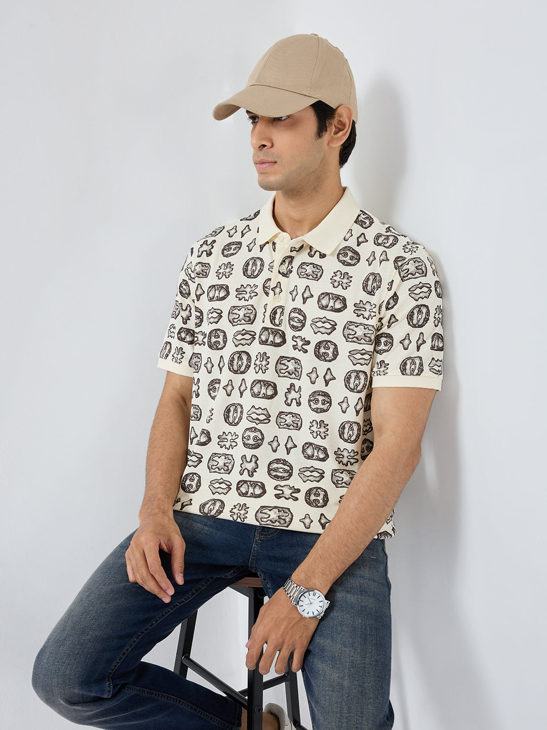 Men T-Shirt Print Brown Regular Fit
