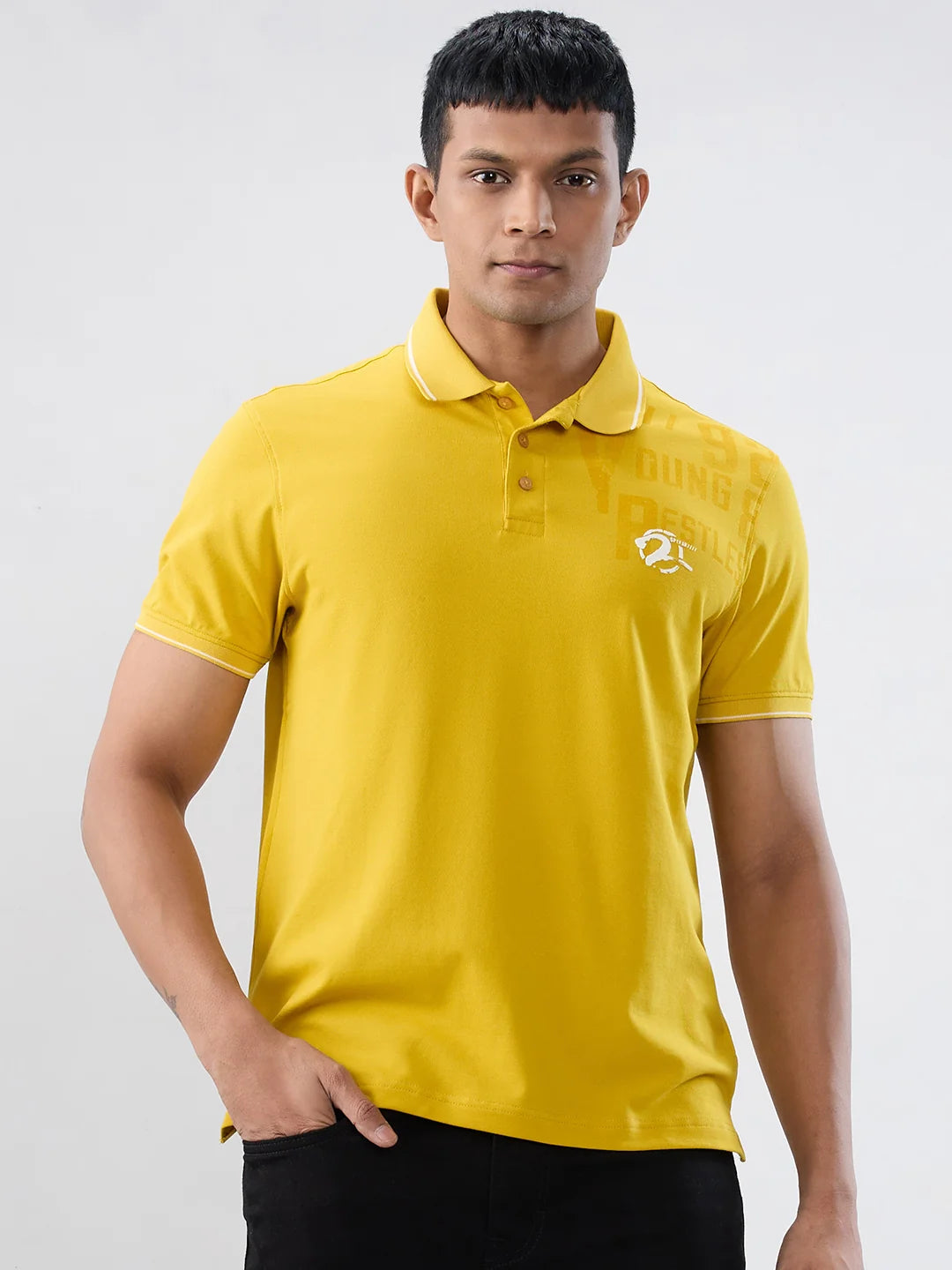 Men T-Shirt Solid Yellow Regular Fit