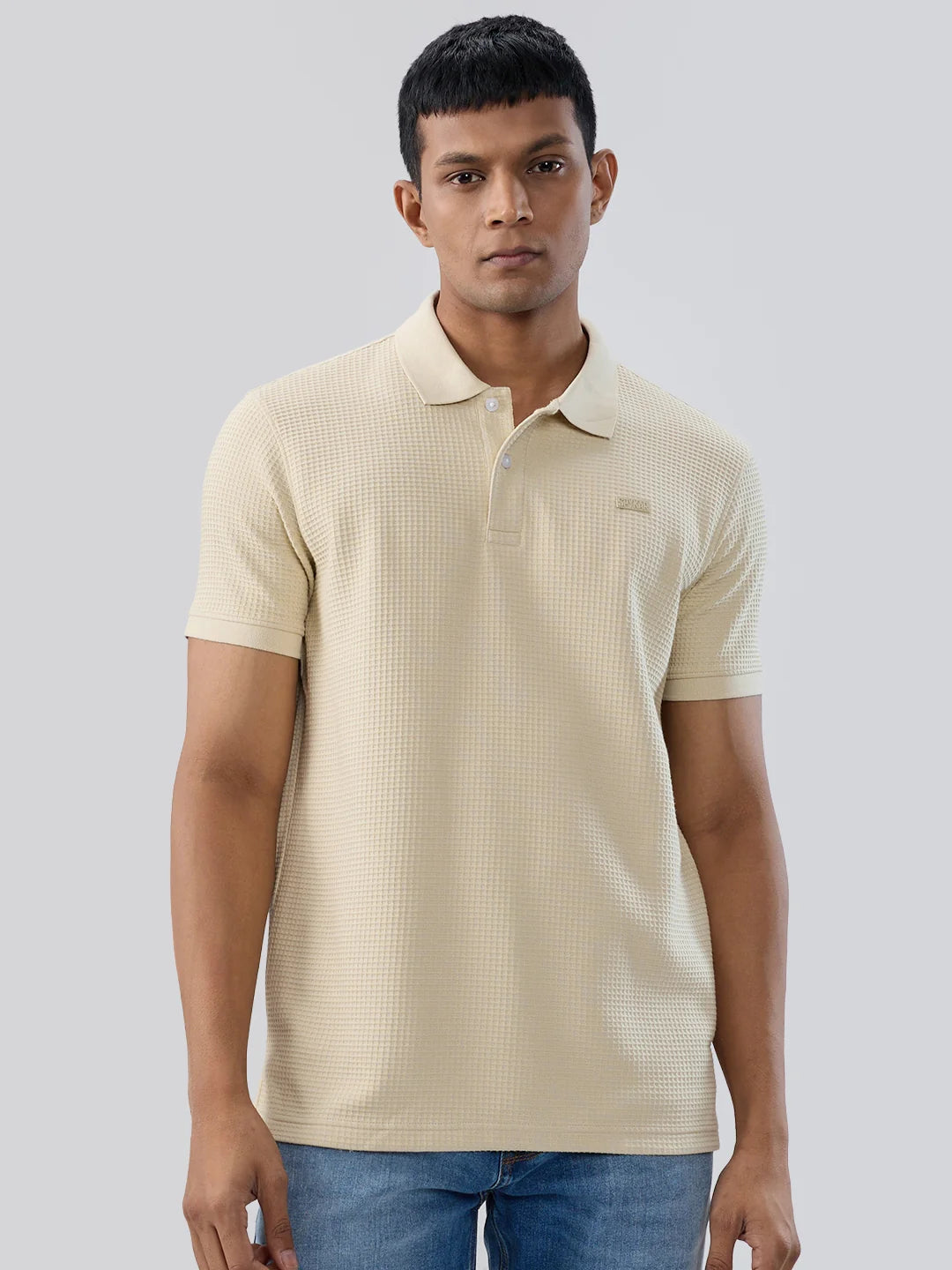 Men T-Shirt Solid Beige Regular Fit