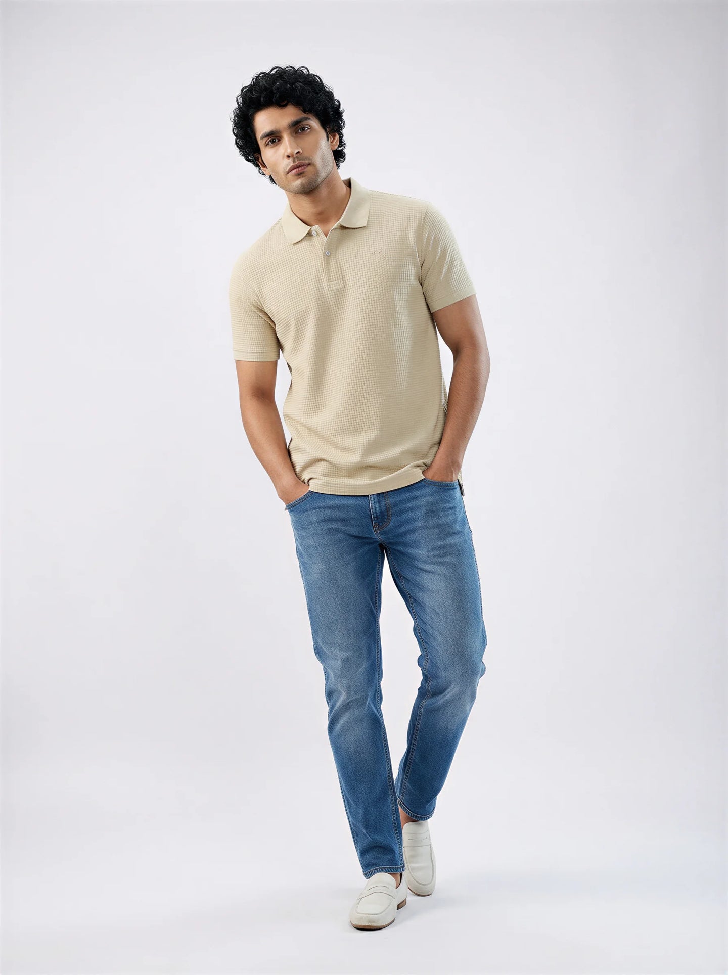 Men T-Shirt Solid Beige Regular Fit