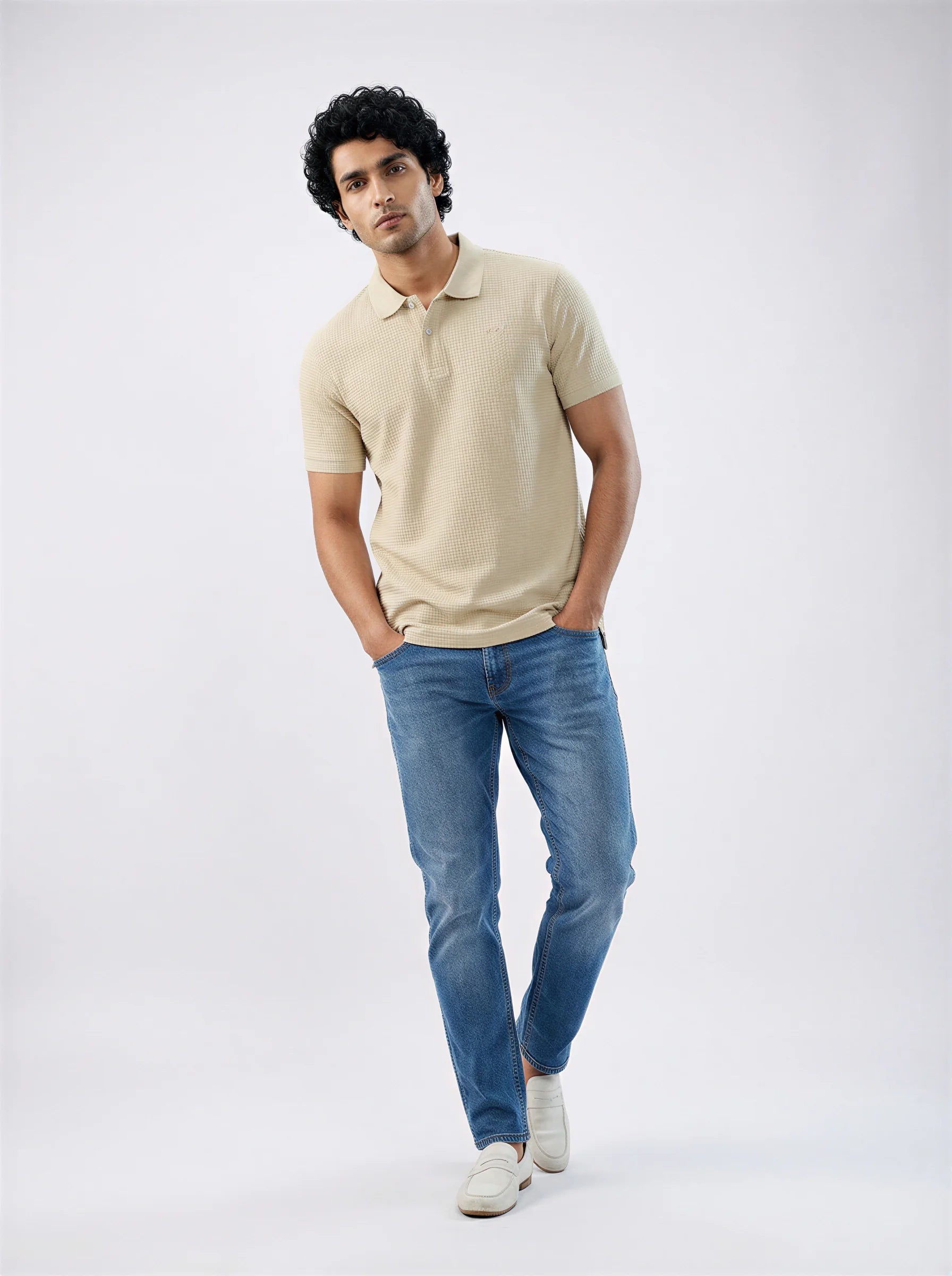 Men T-Shirt Solid Beige Regular Fit