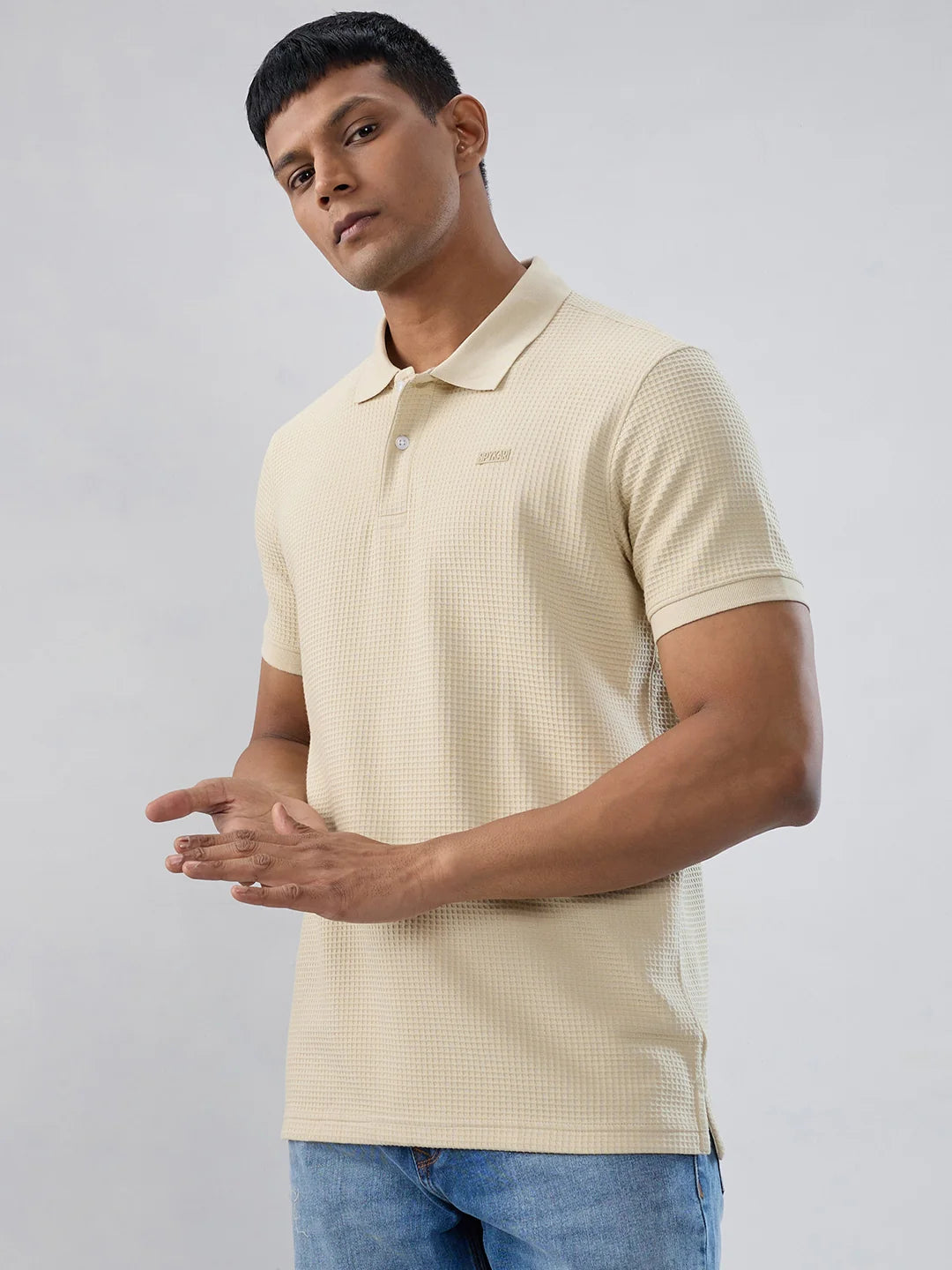 Men T-Shirt Solid Beige Regular Fit
