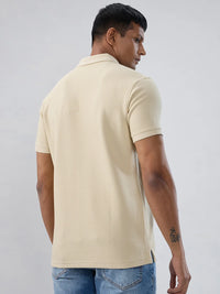 Men T-Shirt Solid Beige Regular Fit