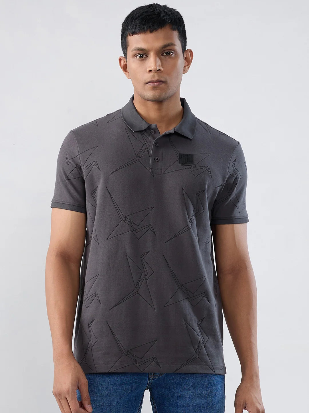 Men T-Shirt Textured Grey Regular Fit