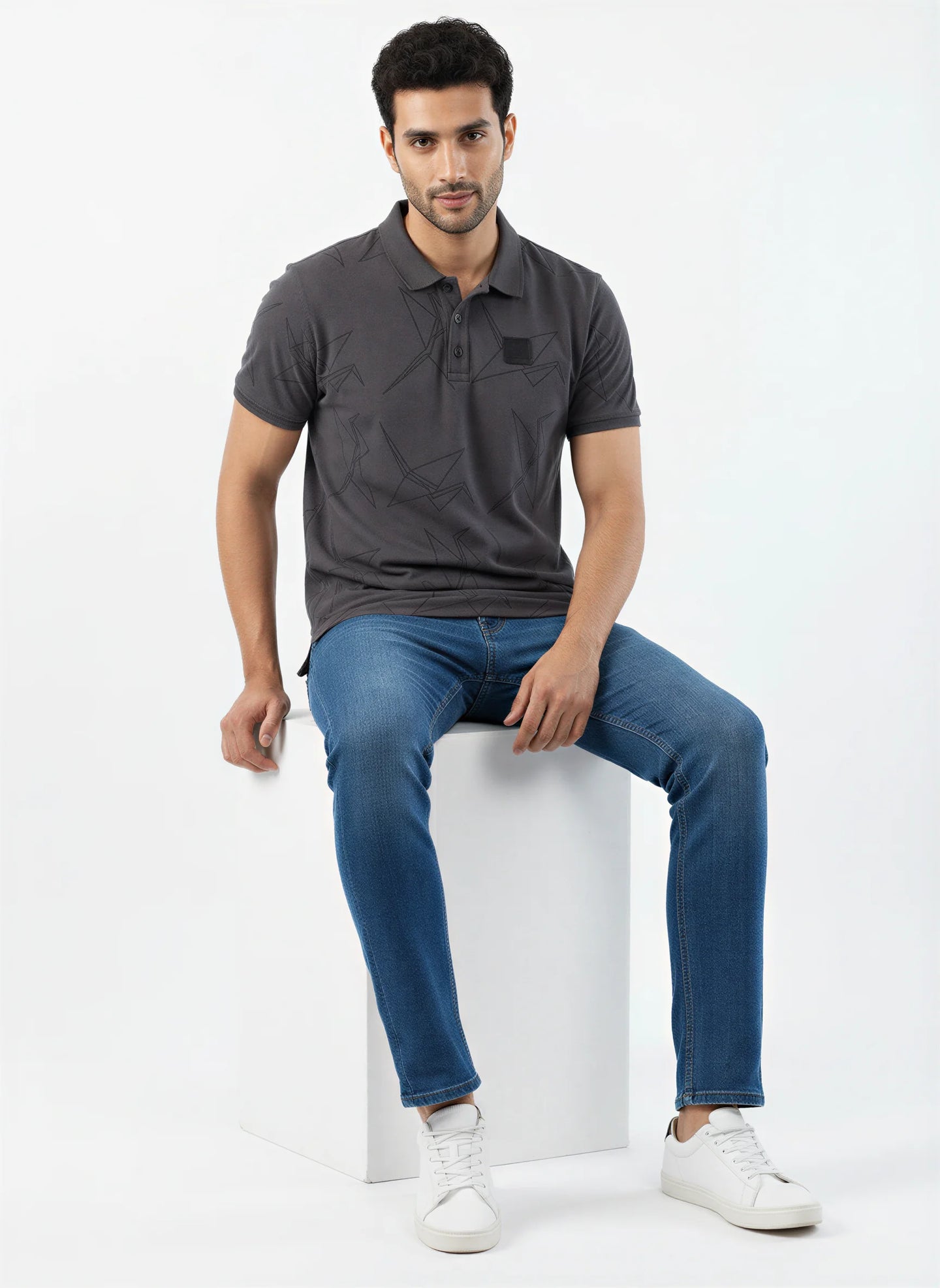 Men T-Shirt Textured Grey Regular Fit