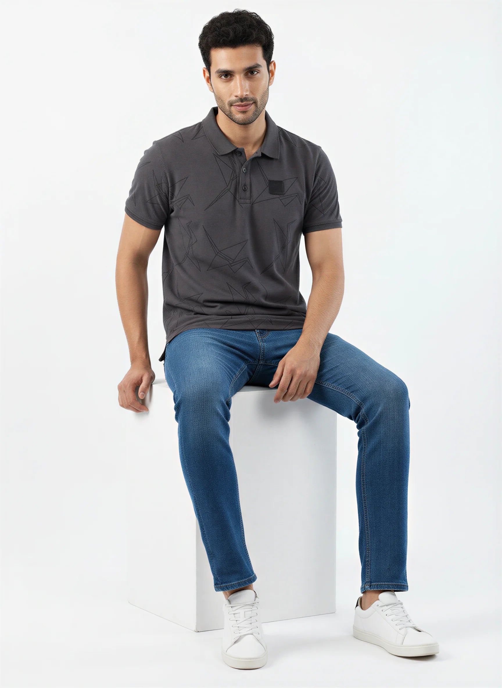 Men T-Shirt Textured Grey Regular Fit