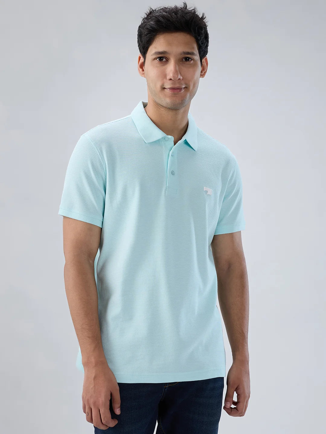 Men T-Shirt Textured Blue Regular Fit