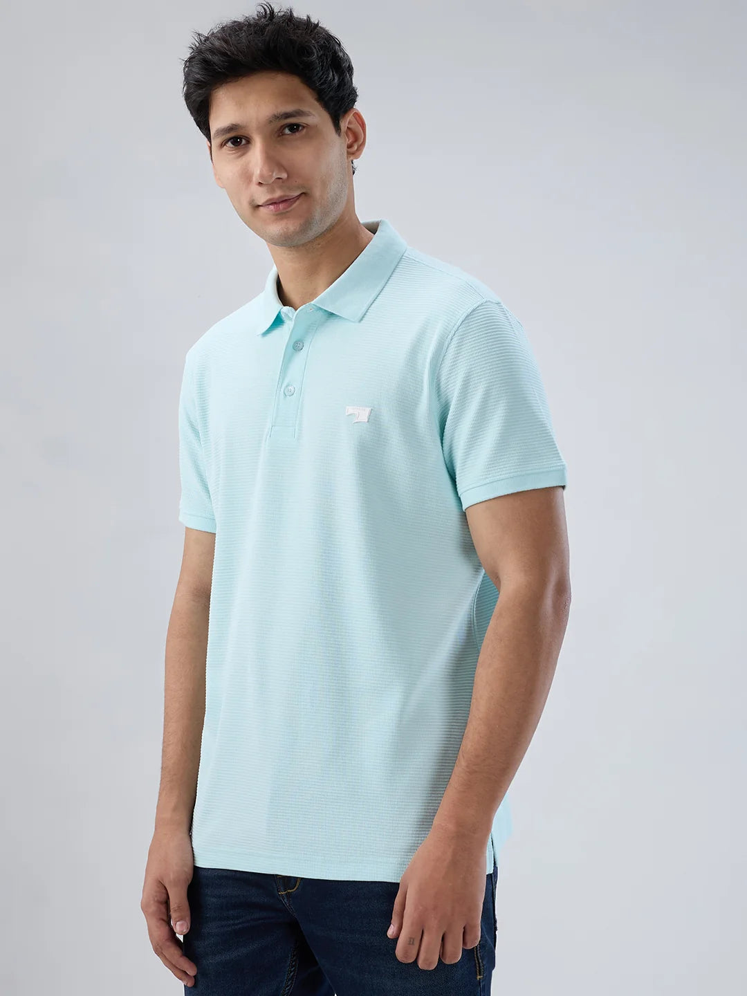 Men T-Shirt Textured Blue Regular Fit