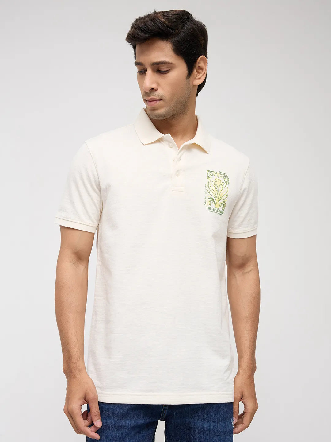 Men T-Shirt Textured Off White Regular Fit