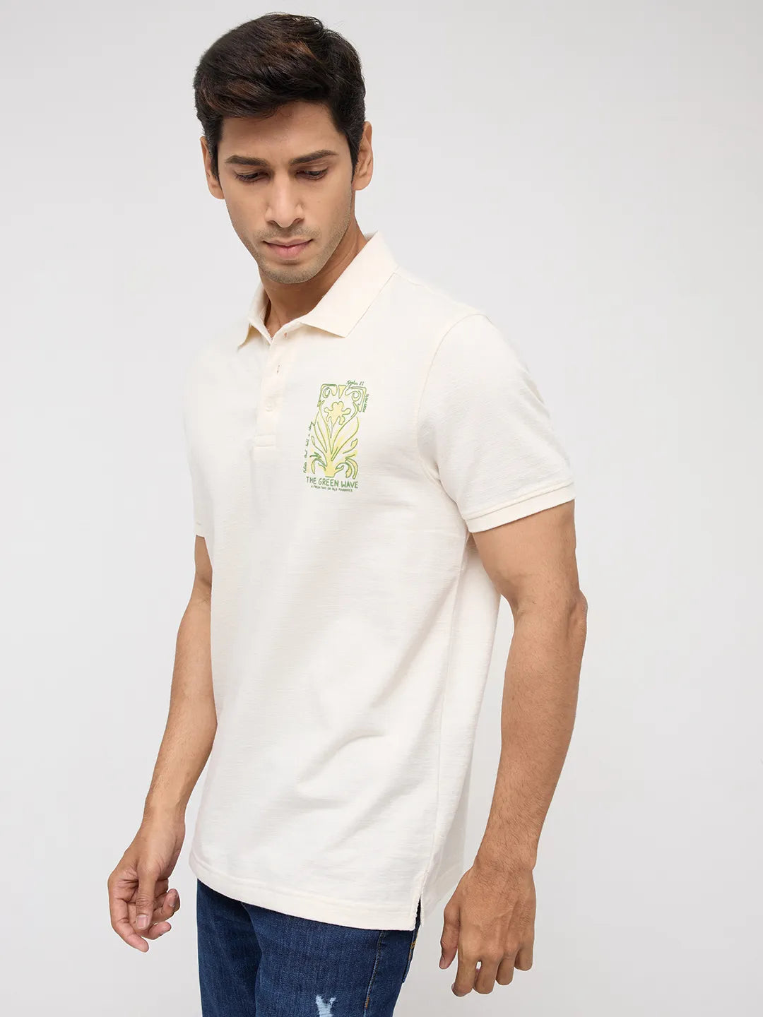 Men T-Shirt Textured Off White Regular Fit