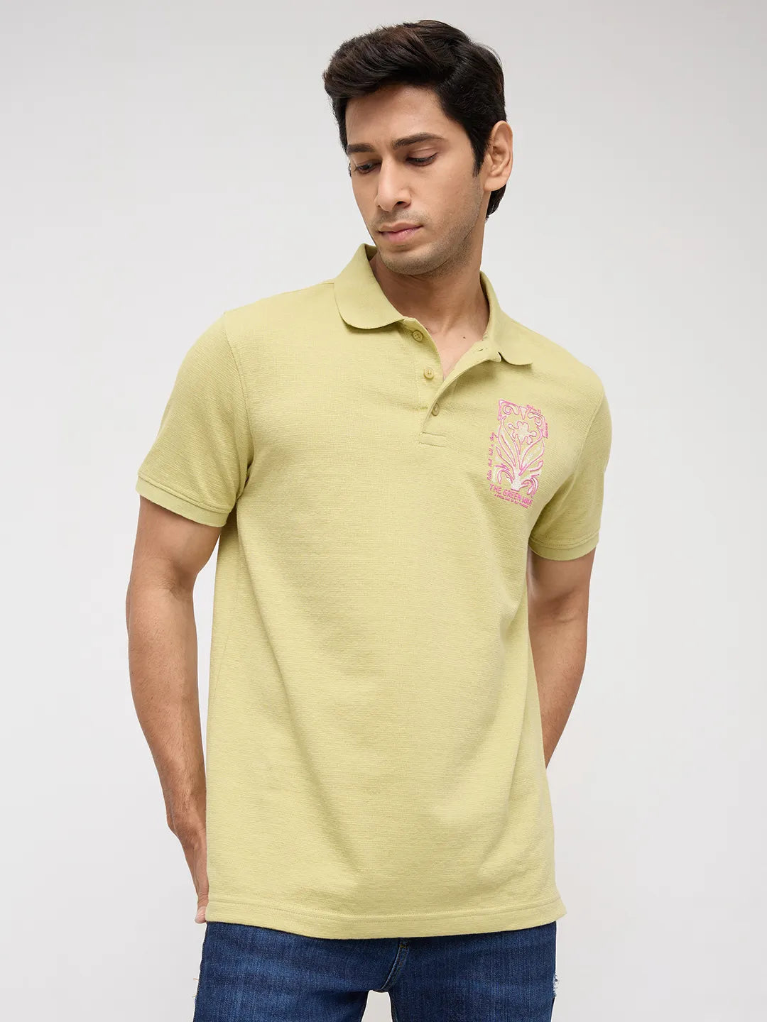 Men T-Shirt Textured Green Regular Fit