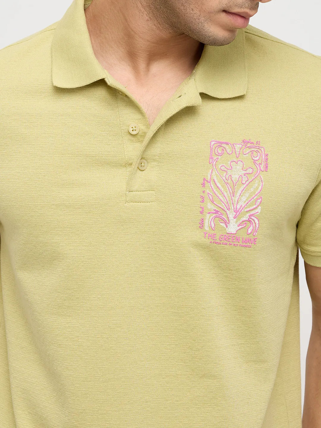 Men T-Shirt Textured Green Regular Fit