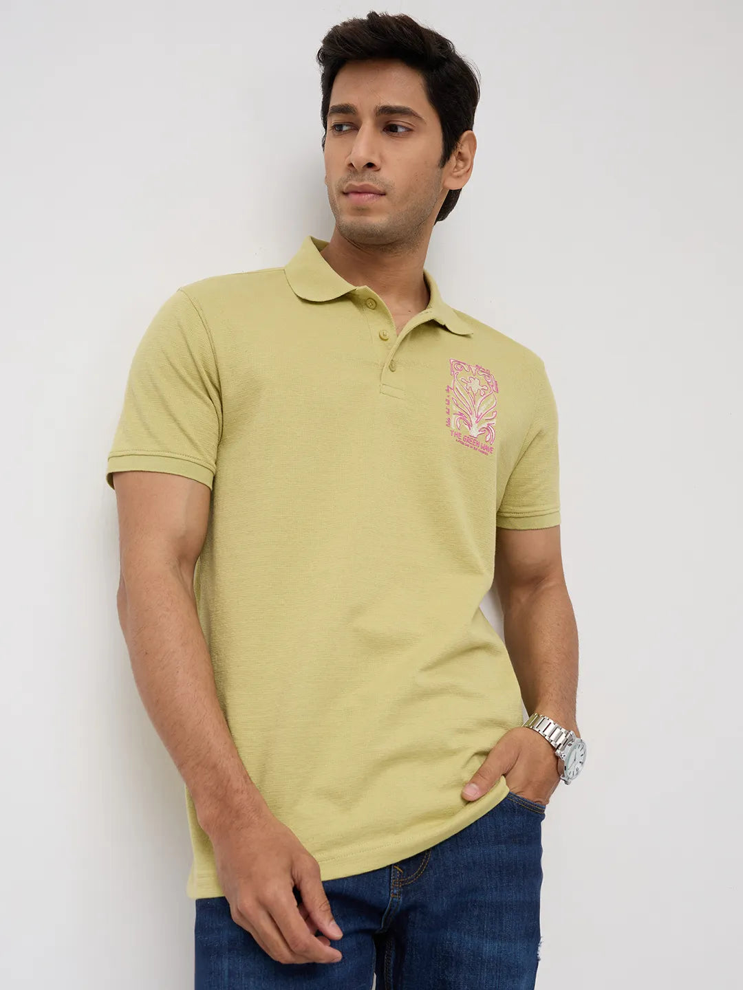 Men T-Shirt Textured Green Regular Fit